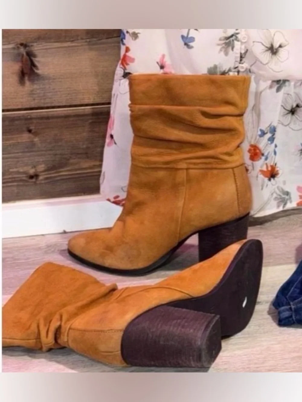 Aldo Tan Leather Slouchy Mid Calf Boots 8 Ruched Western Cowgirl Stacked Heel